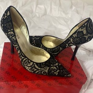Black Multi Satin Guess Carrie Heels, Size 9.5